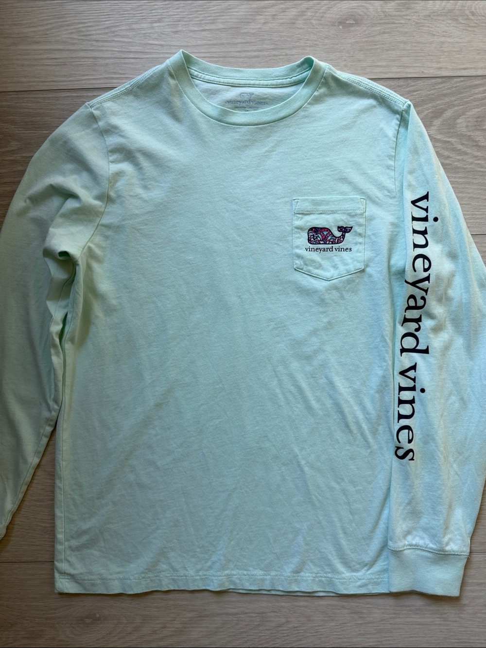 Vineyard Vines Girl’s Light Teal Long-Sleeve Pocket Tee with Sleeve Logo